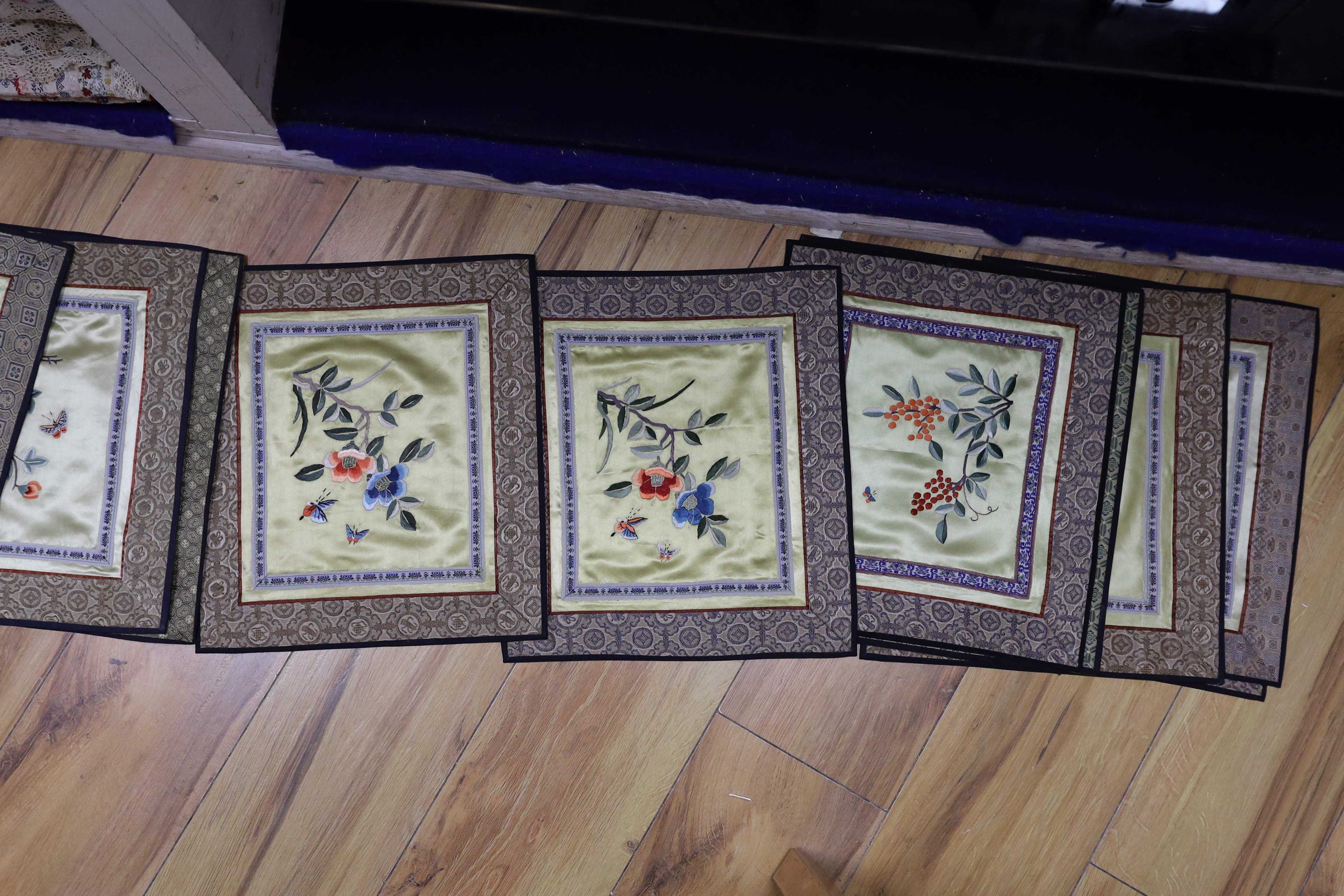 Eleven Chinese silk embroidered panels